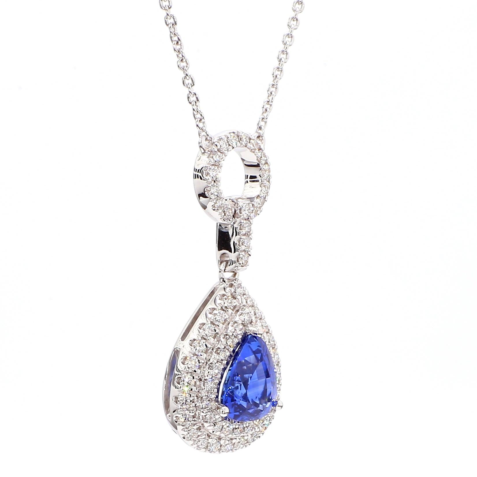 Natural Blue Pear Sapphire and White Diamond 2.08 Carat TW White Gold Pendant