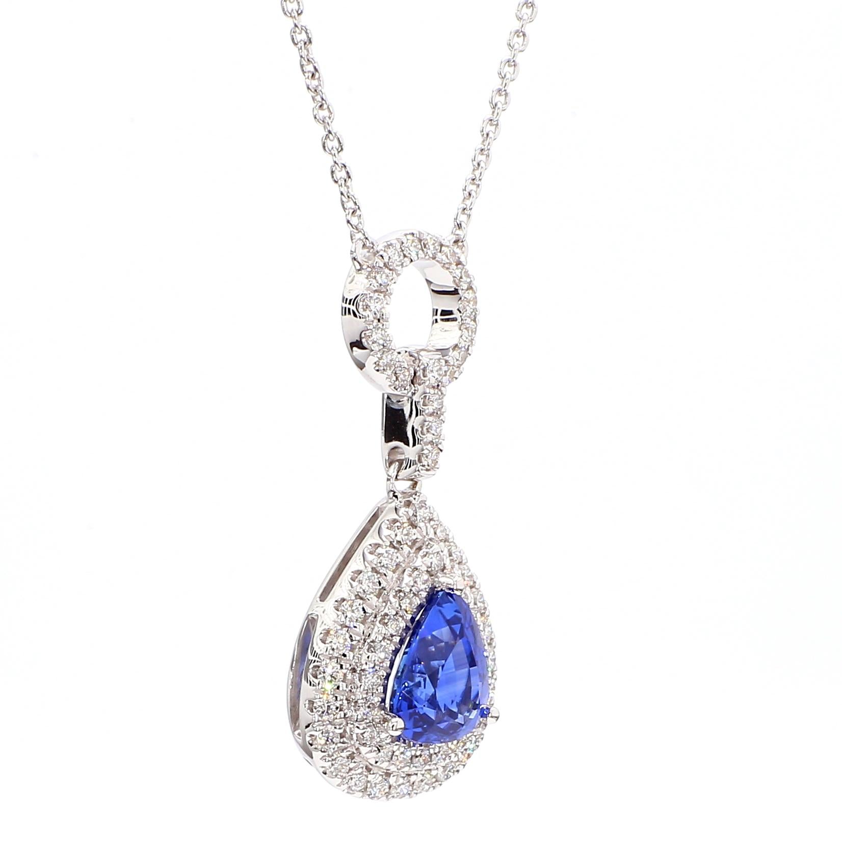 Natural Blue Pear Sapphire and White Diamond 2.08 Carat TW White Gold Pendant