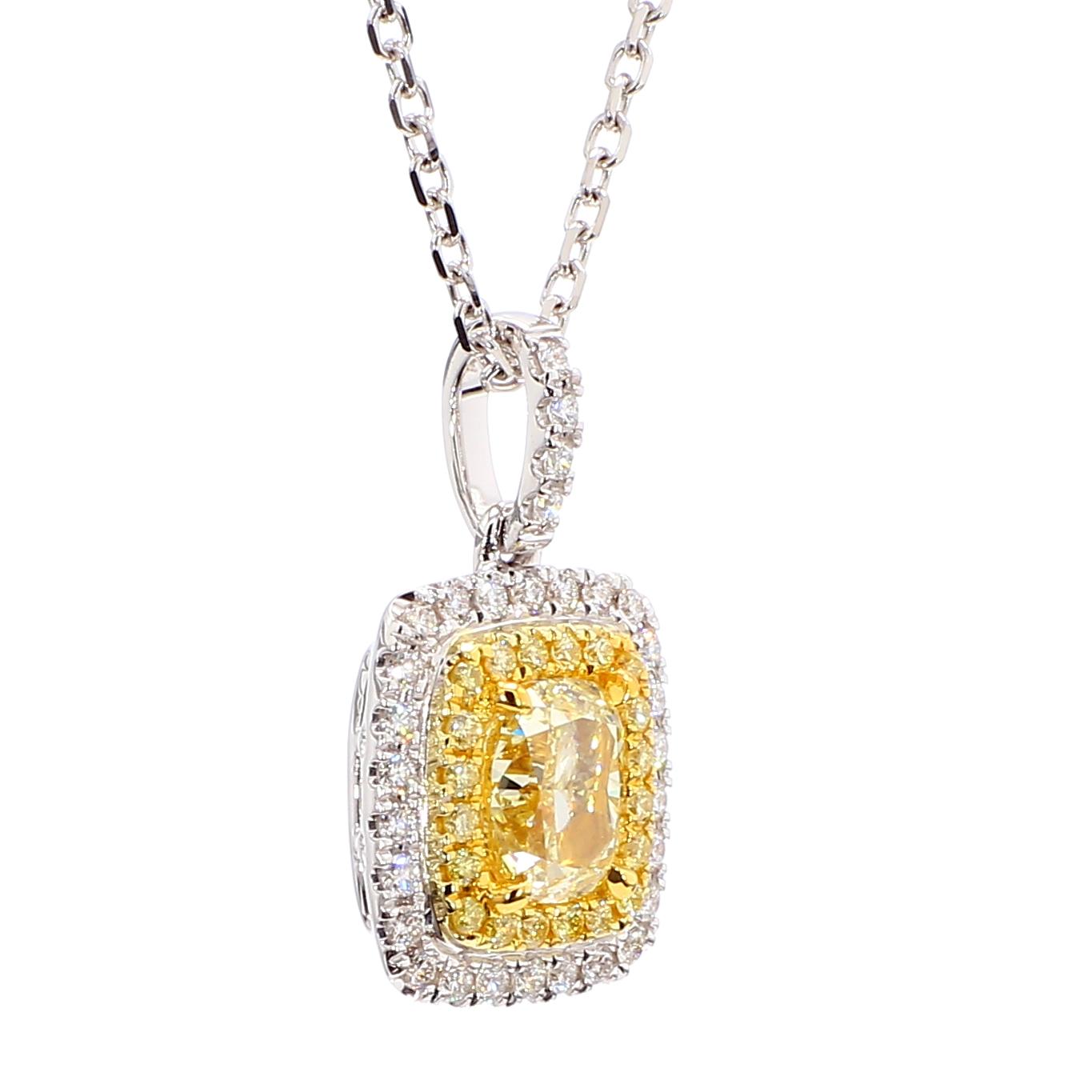 GIA Certified Natural Yellow Cushion Diamond 1.47 Carat TW Gold Drop Pendant