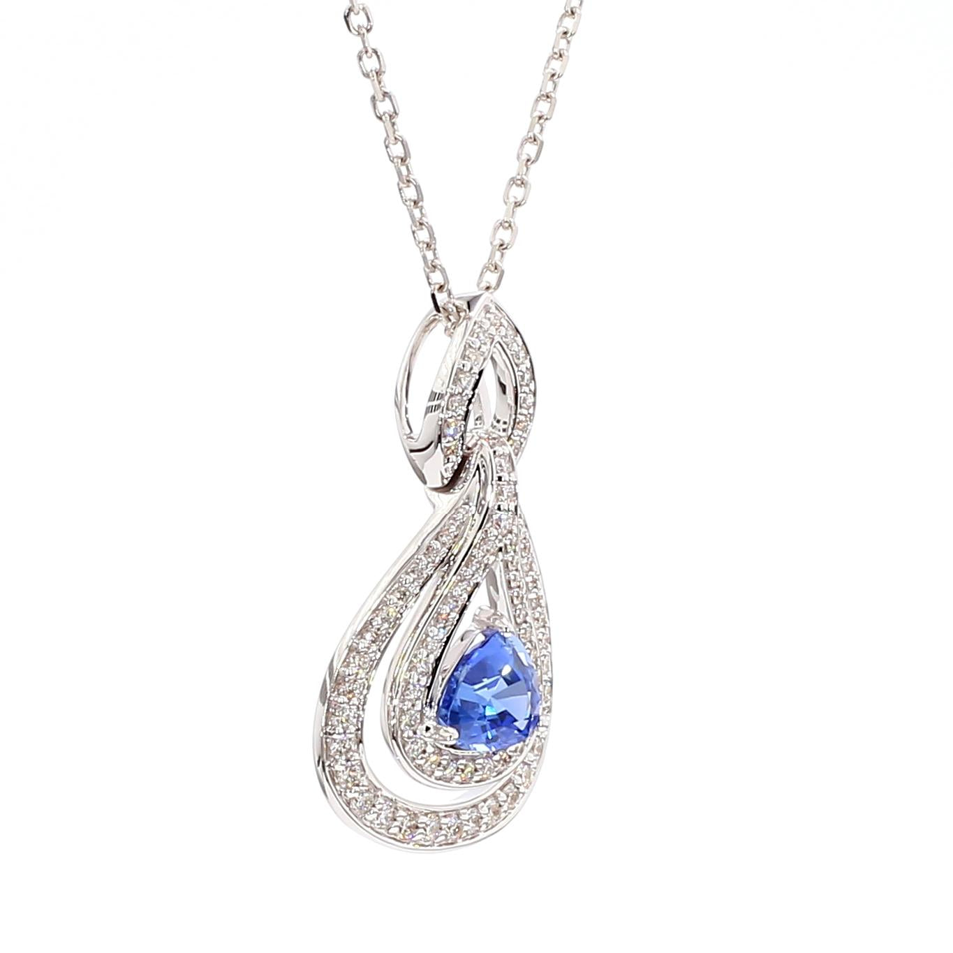 Natural Blue Trillion Sapphire and Diamond 1.84 Carat TW White Gold Drop Pendant