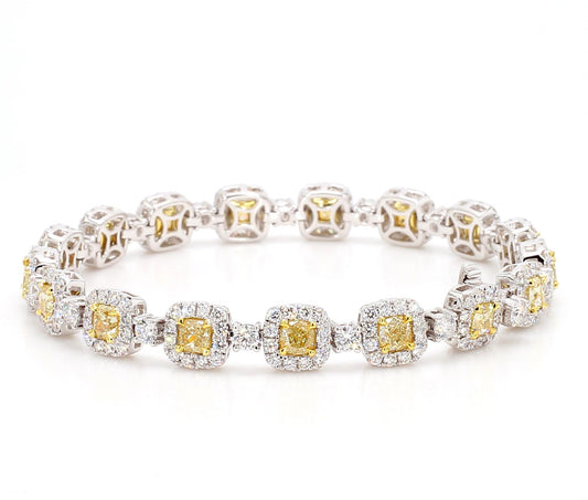 Natural Yellow Cushion Diamond 8.98 Carat TW Gold Tennis Bracelet