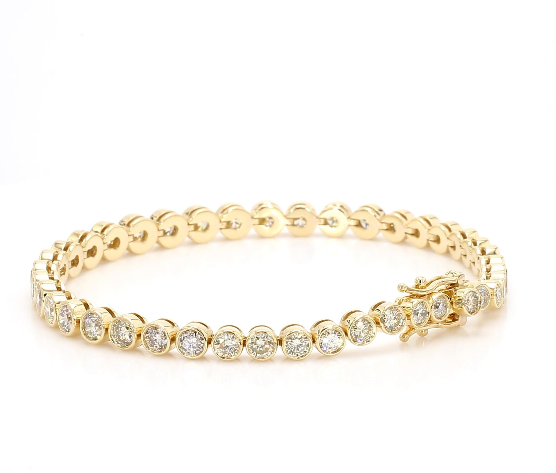 Natural White Round Diamond 6.76 Carat TW Yellow Gold Tennis Bracelet