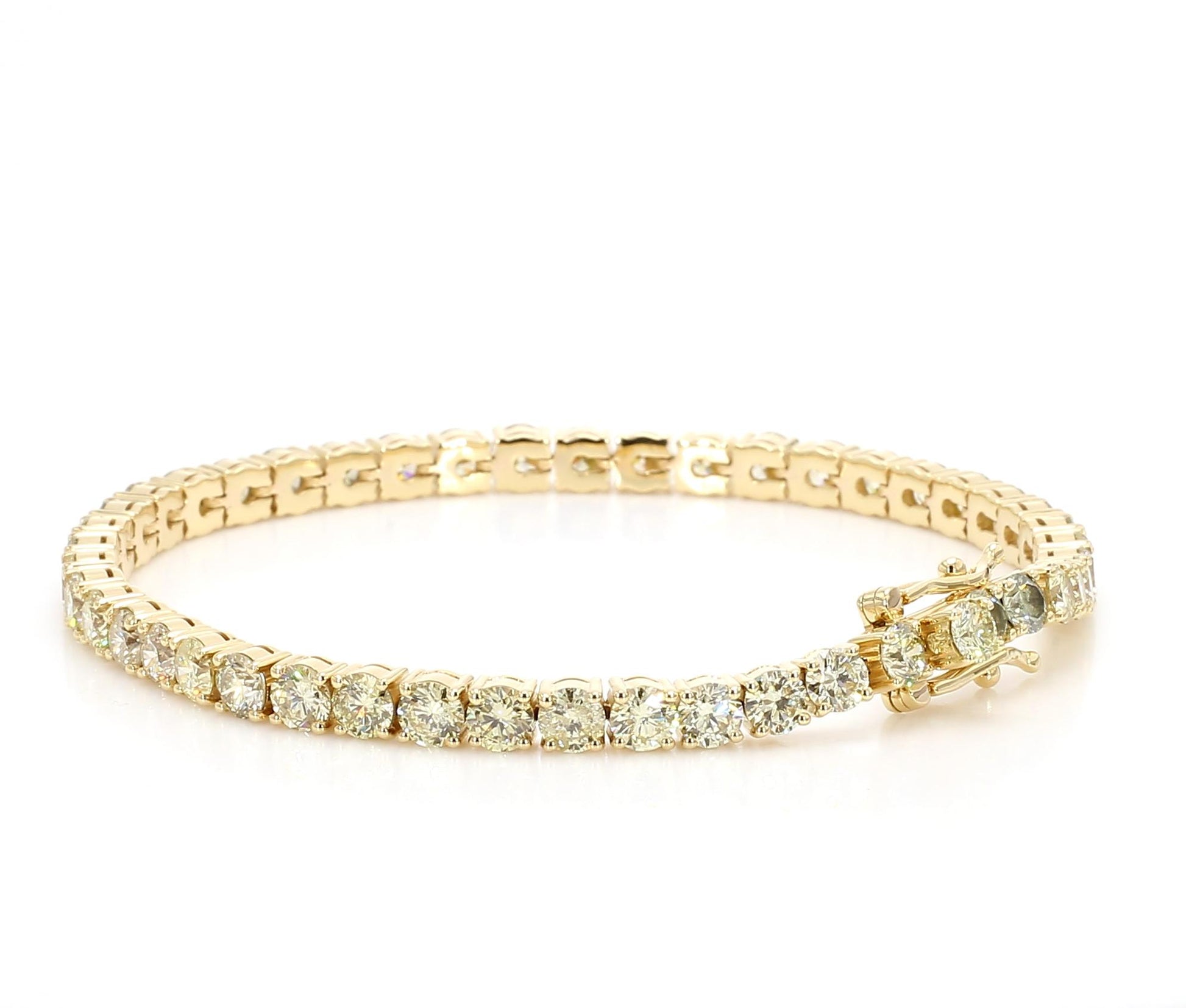 Natural White Round Diamond 8.94 Carat TW Yellow Gold Tennis Bracelet