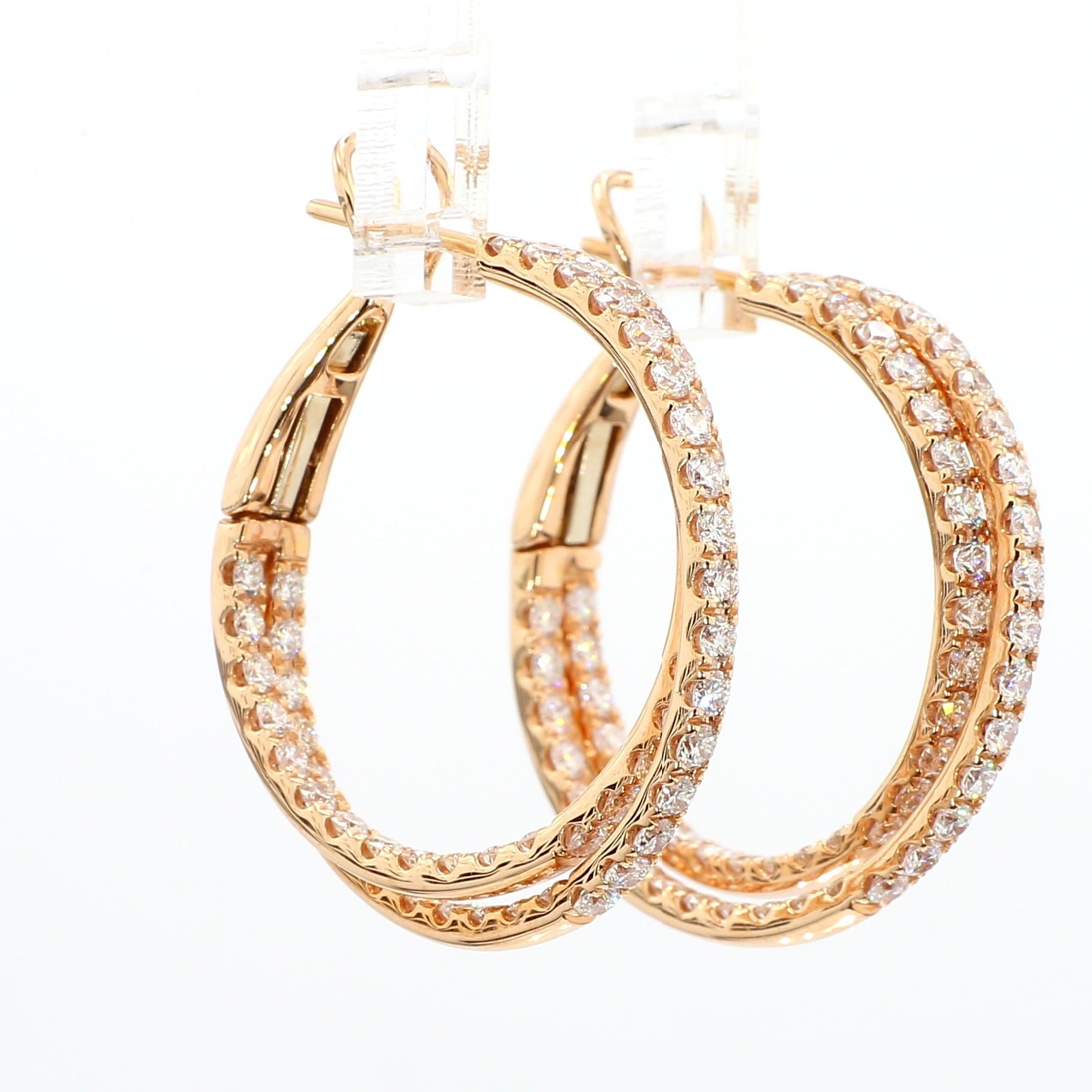 Natural White Round Diamond 2.62 Carat TW Rose Gold Hoop Earrings