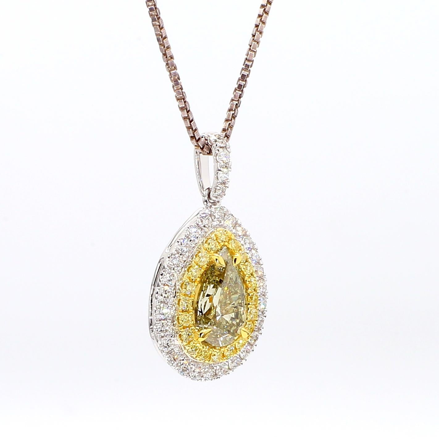 GIA Certified Natural Yellow Pear Diamond 1.44 Carat TW Gold Drop Pendant