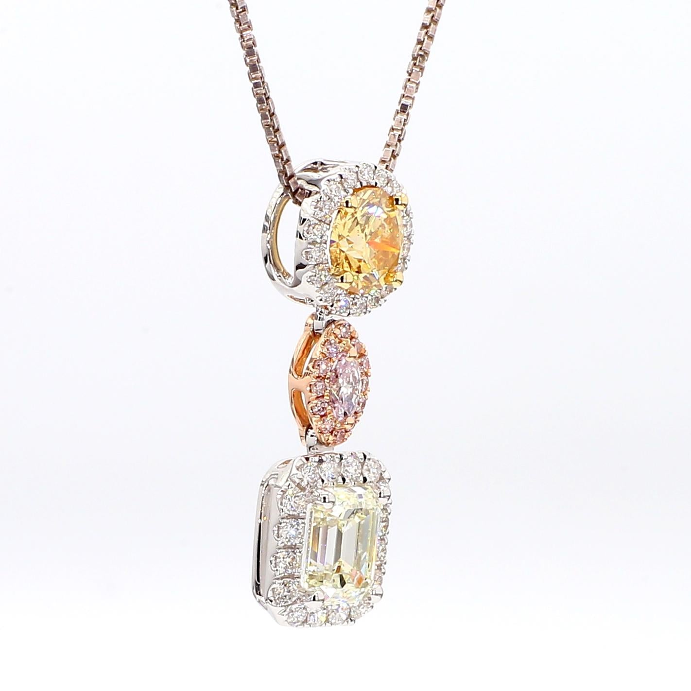 GIA Certified Natural Fancy Color Mix Diamond 2.01 Carat TW Gold Drop Pendant