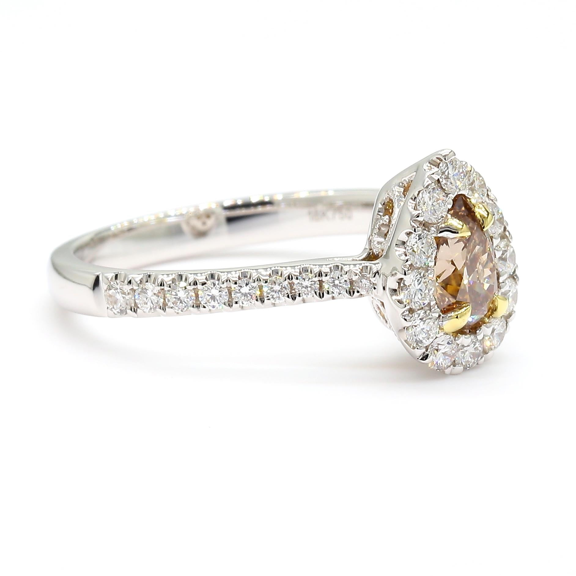 GIA Certified Natural Brown Pear Diamond 0.89 Carat TW Gold Cocktail Ring