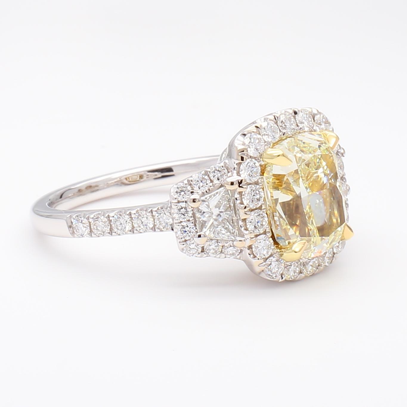 GIA Certified Natural Yellow Cushion Diamond 3.40 Carat TW Gold Cocktail Ring