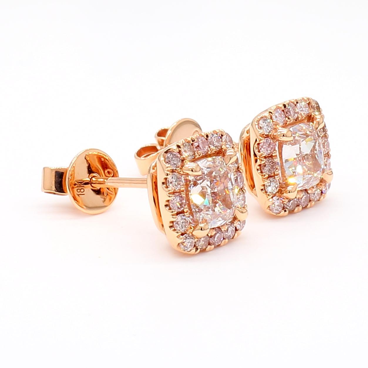 GIA Certified Natural Pink Cushion Diamond 1.74 Carat TW Gold Stud Earrings