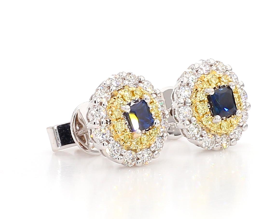 Natural Blue Princess Sapphire and Diamond 1.05 Carat TW Gold Stud Earrings