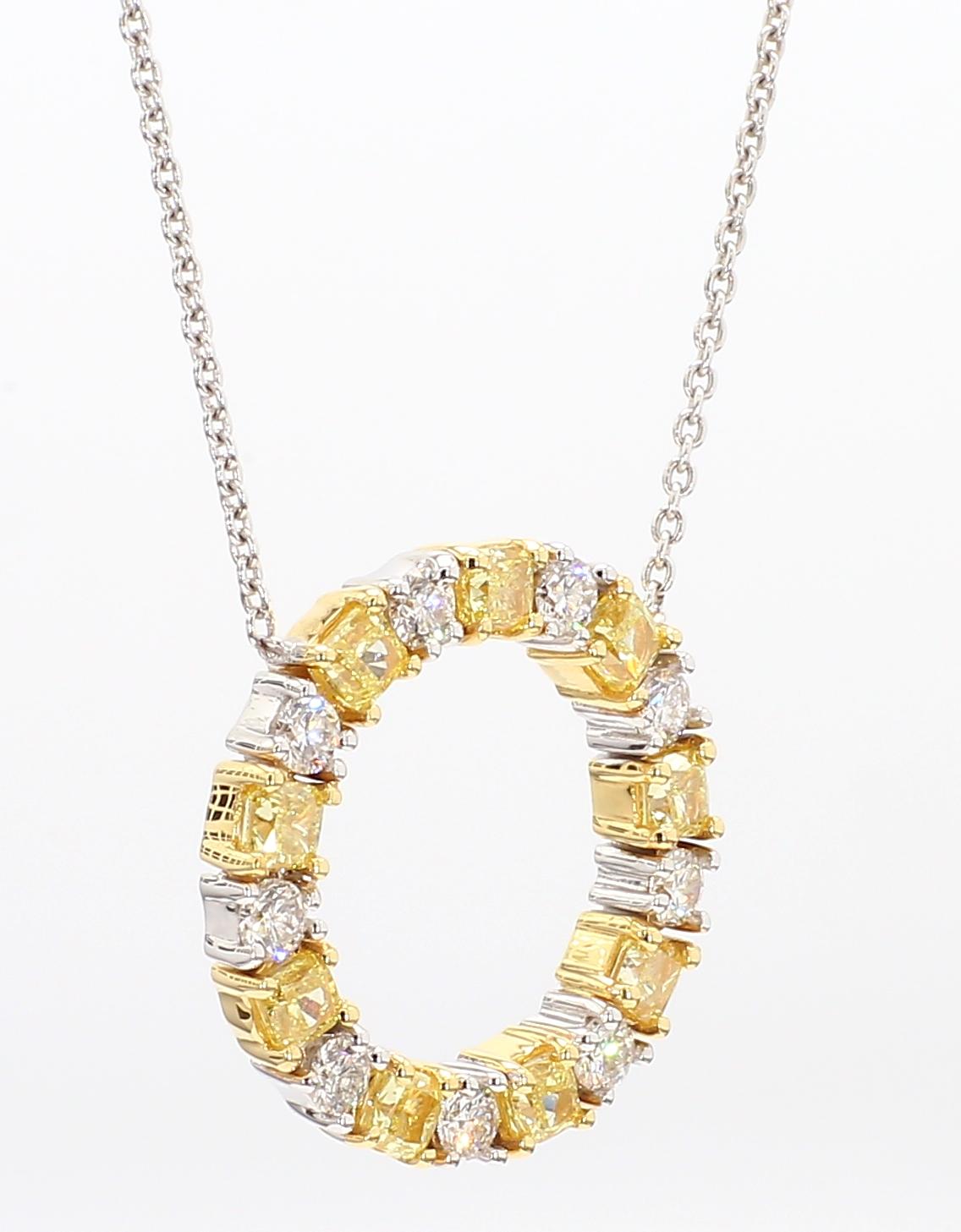 Natural Yellow Radiant and White Diamond 1.47 Carat TW Gold Circle Pendant