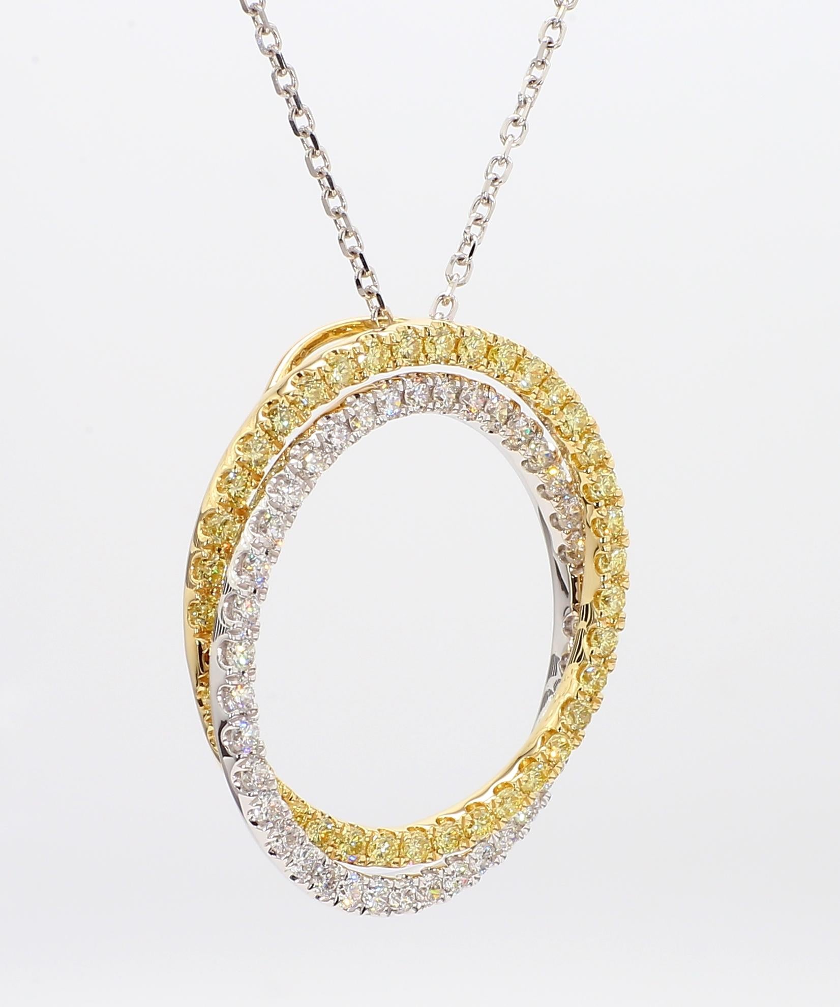 Natural Yellow Round and White Diamond 1.97 Carat TW Gold Circle Pendant