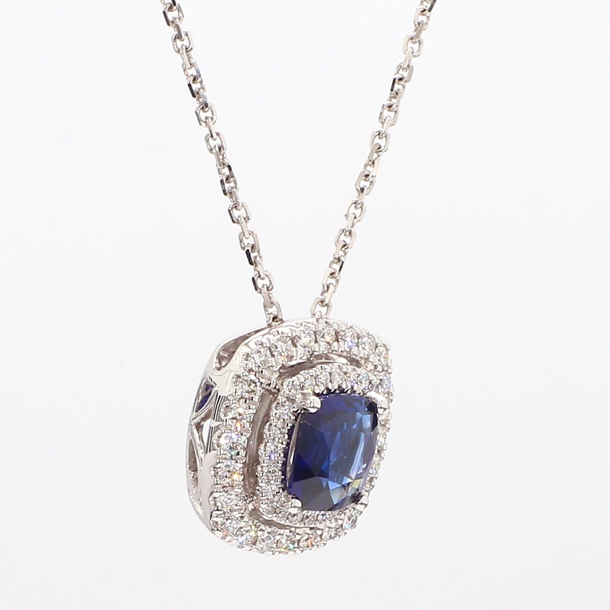 Natural Blue Cushion Sapphire and White Diamond 1.43 Carat TW White Gold Pendant