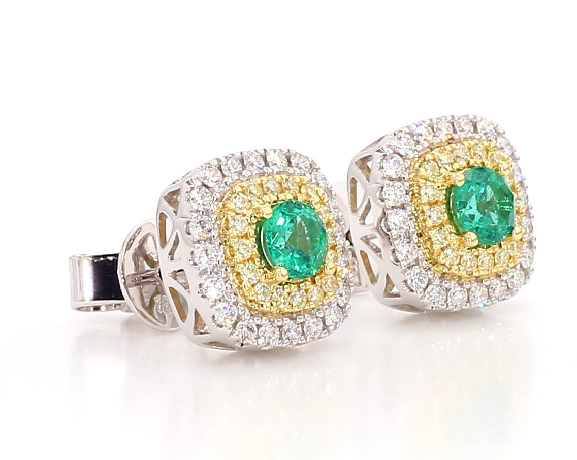 Natural Round Emerald and White Diamond .91 Carat TW Gold Stud Earrings