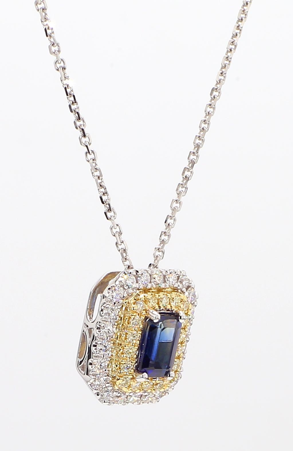 Natural Blue Emerald Cut Sapphire and Diamond 1.05 Carat TW Drop Pendant