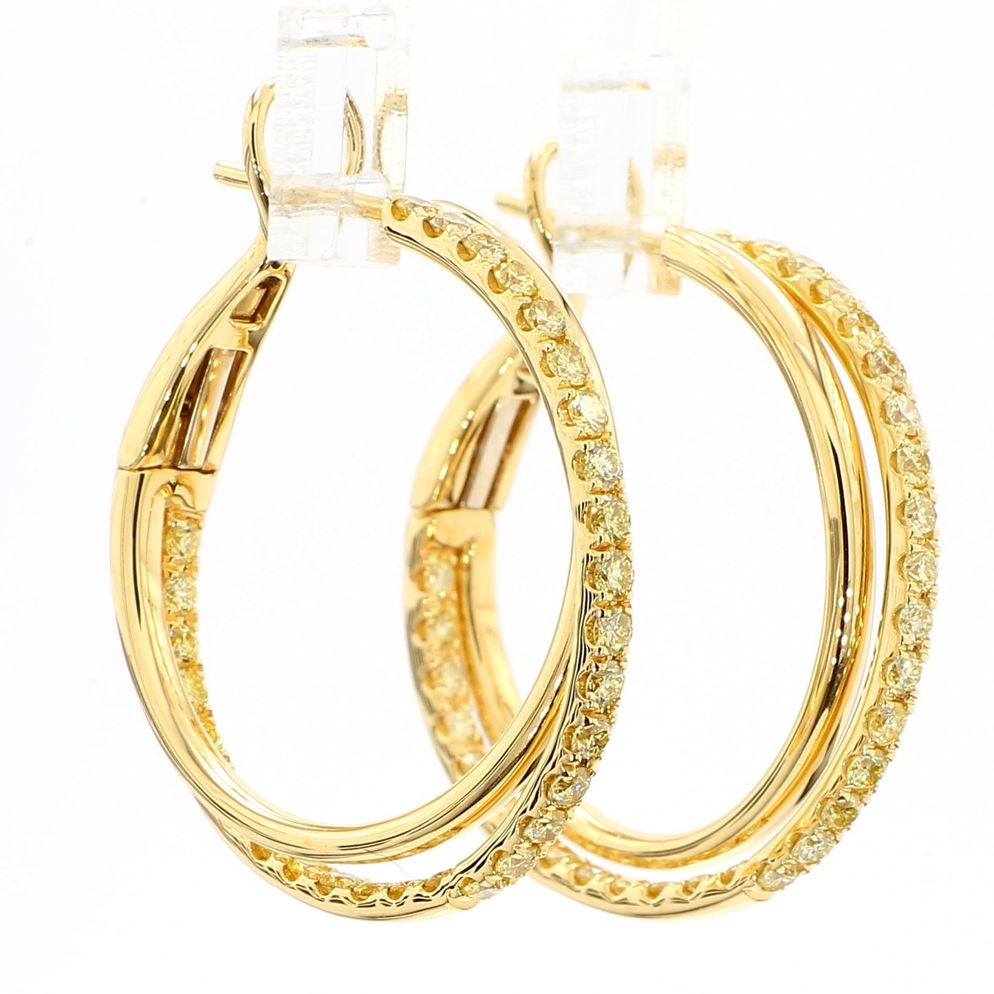 Natural Yellow Round Diamond 1.44 Carat TW Yellow Gold Hoop Earrings