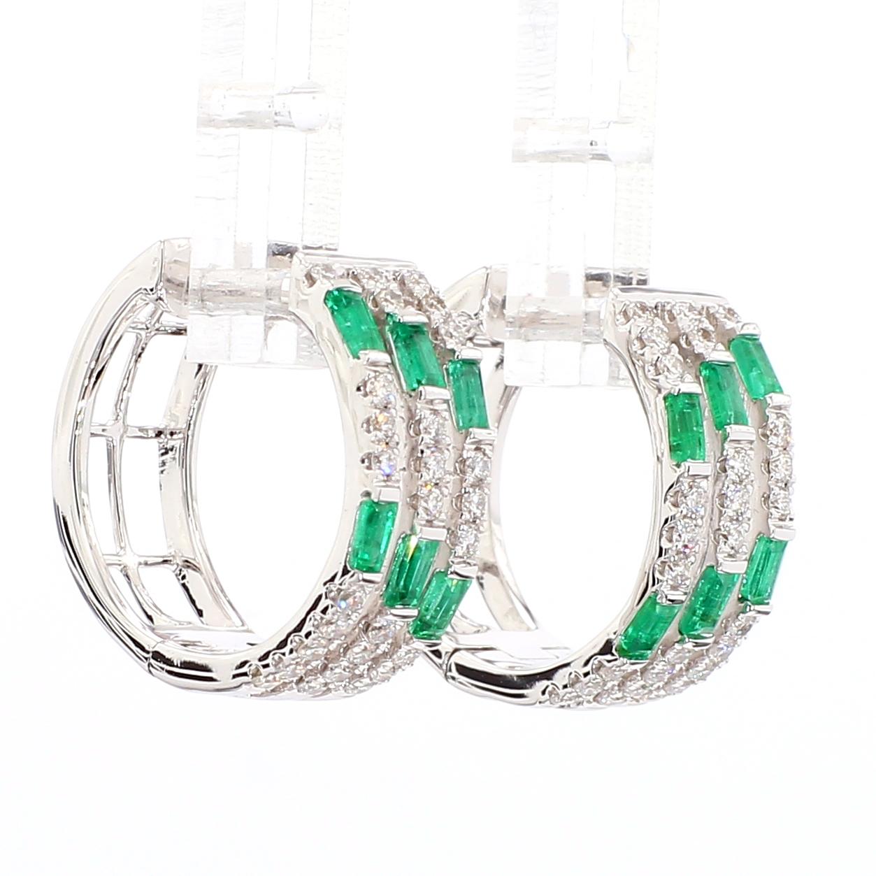 Natural Emerald and White Diamond .84 Carat TW Gold Hoop Earrings