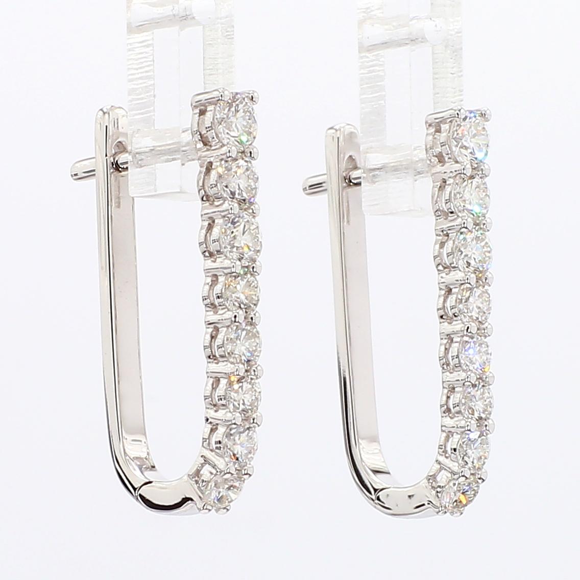 Natural White Round Diamond 0.98 Carat TW White Gold Hoop Earrings