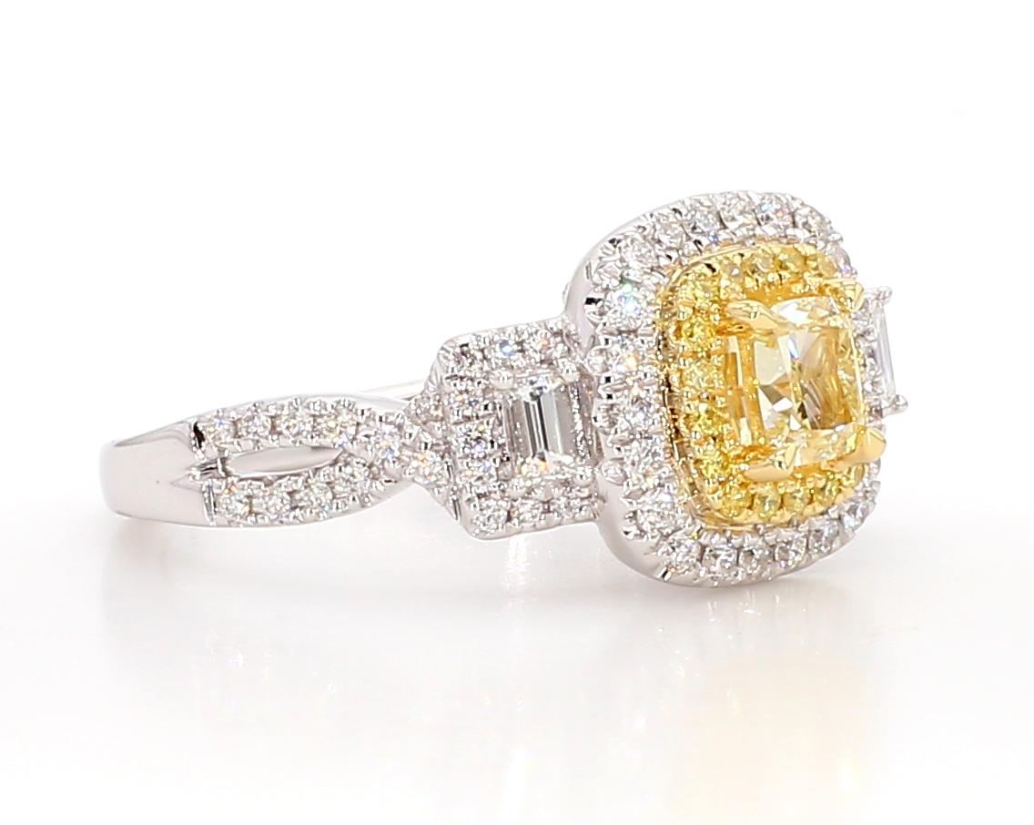 Natural Yellow Cushion and White Diamond 1.25 Carat TW Gold Cocktail Ring