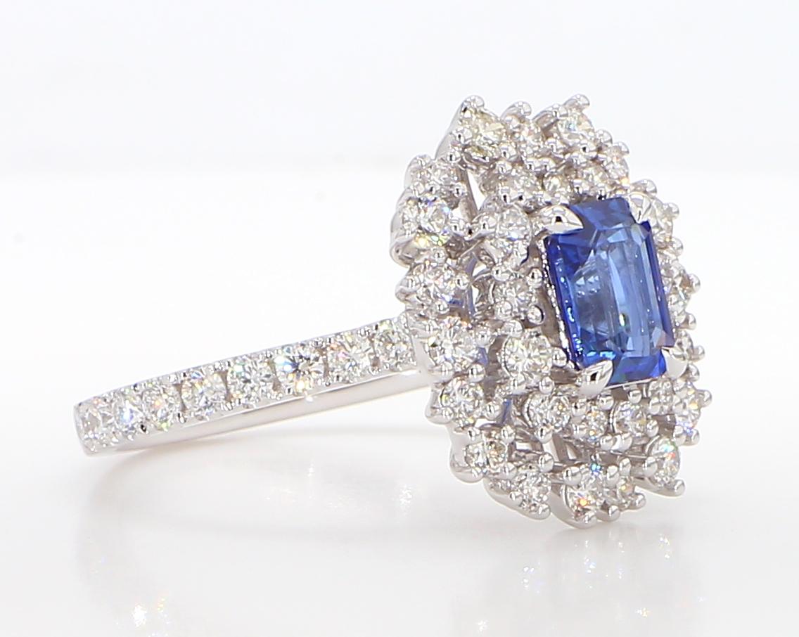 Natural Blue Radiant Sapphire and White Diamond 2.28 Carat TW Gold Cocktail Ring