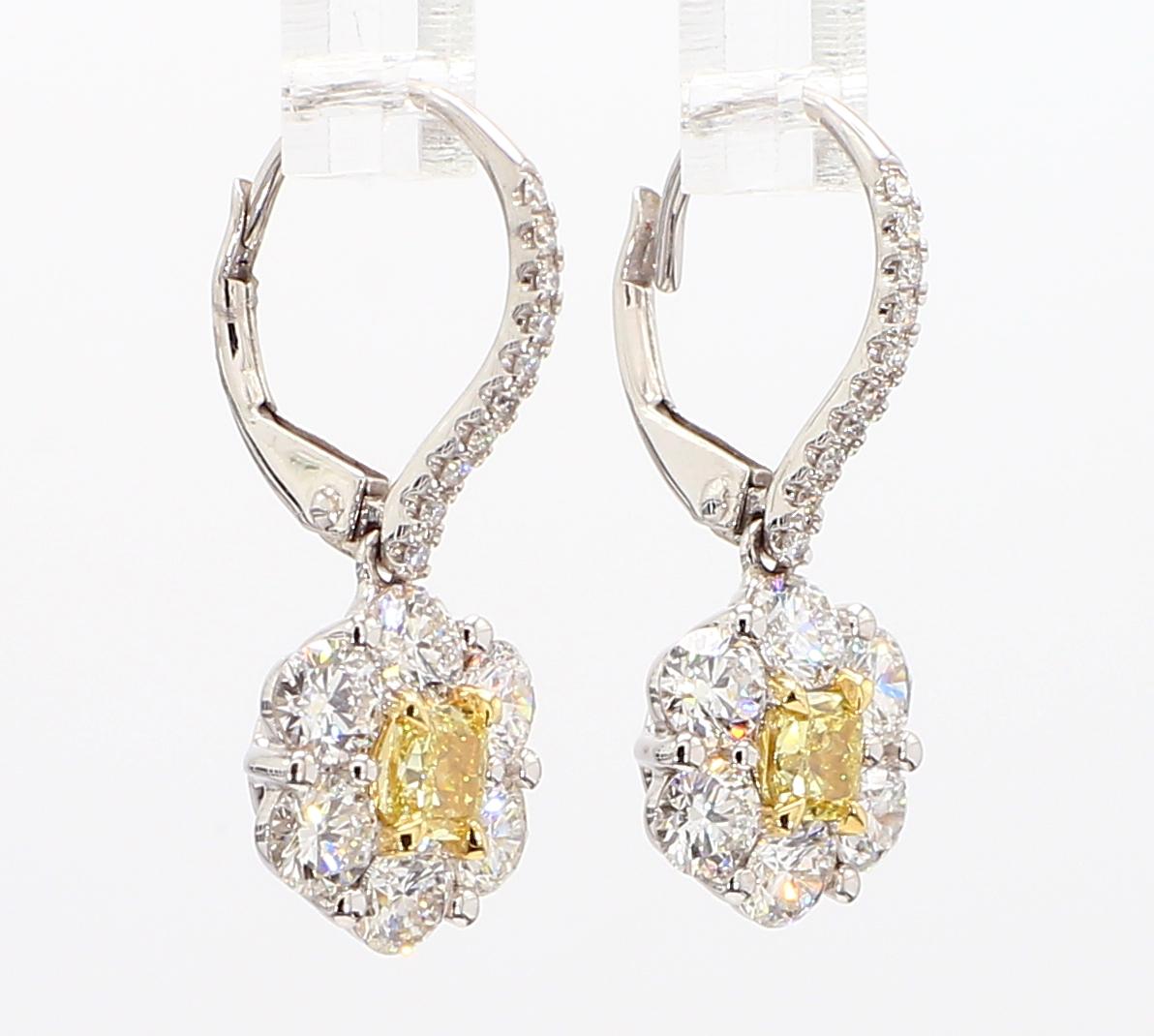 Natural Yellow Cushion Diamond 2.30 Carat TW Gold Drop Earrings