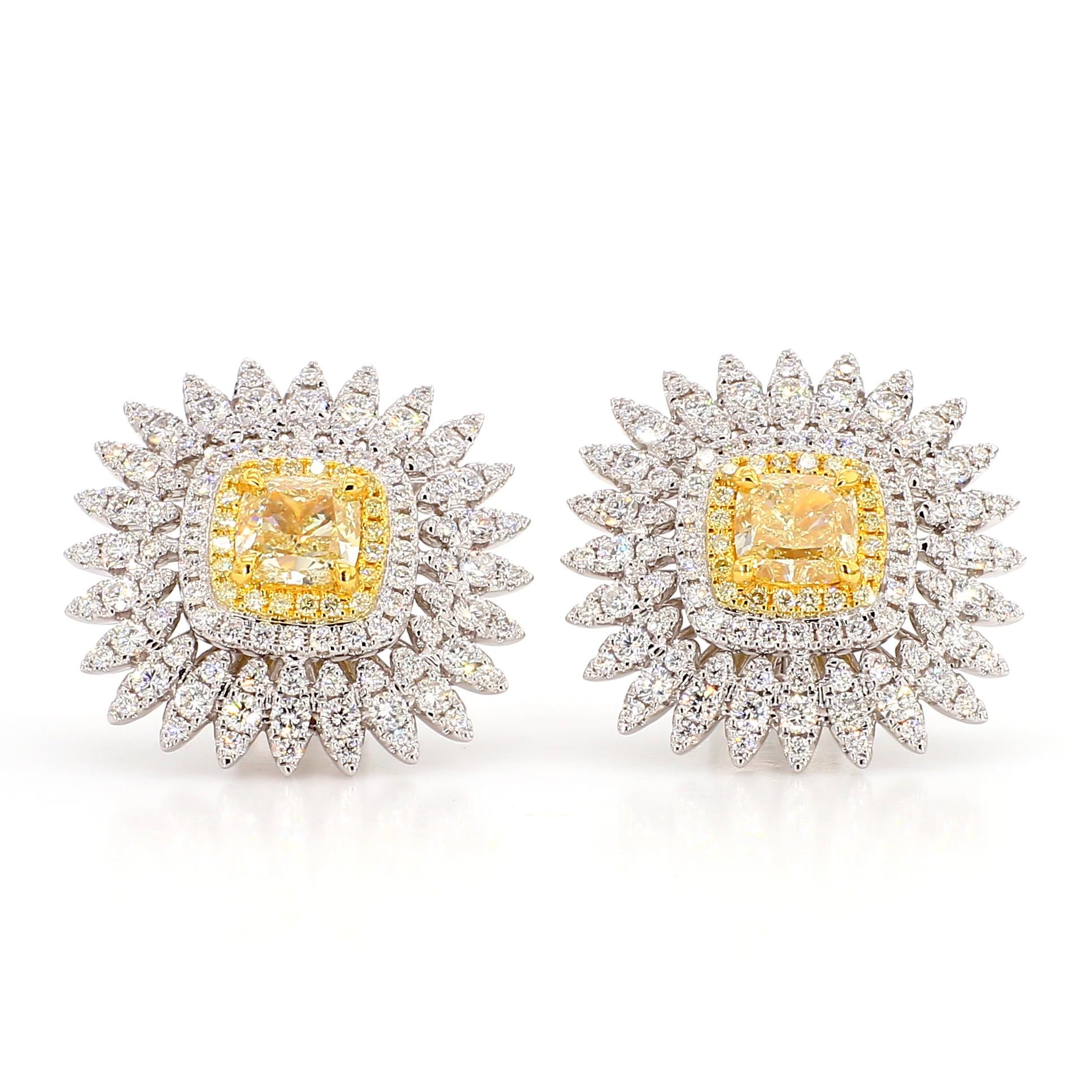 GIA Certified Natural Yellow Cushion Diamond 3.95 Carat TW Gold Stud Earrings