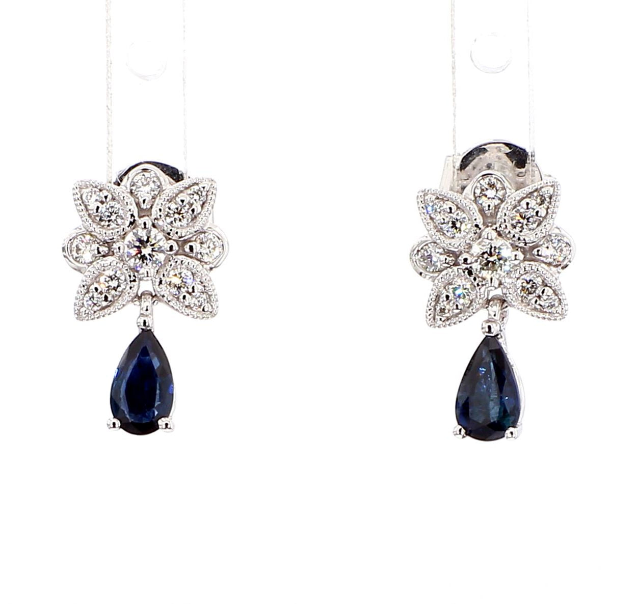 Natural Blue Pear Sapphire and White Diamond 0.80 Carat TW Gold Drop Earrings