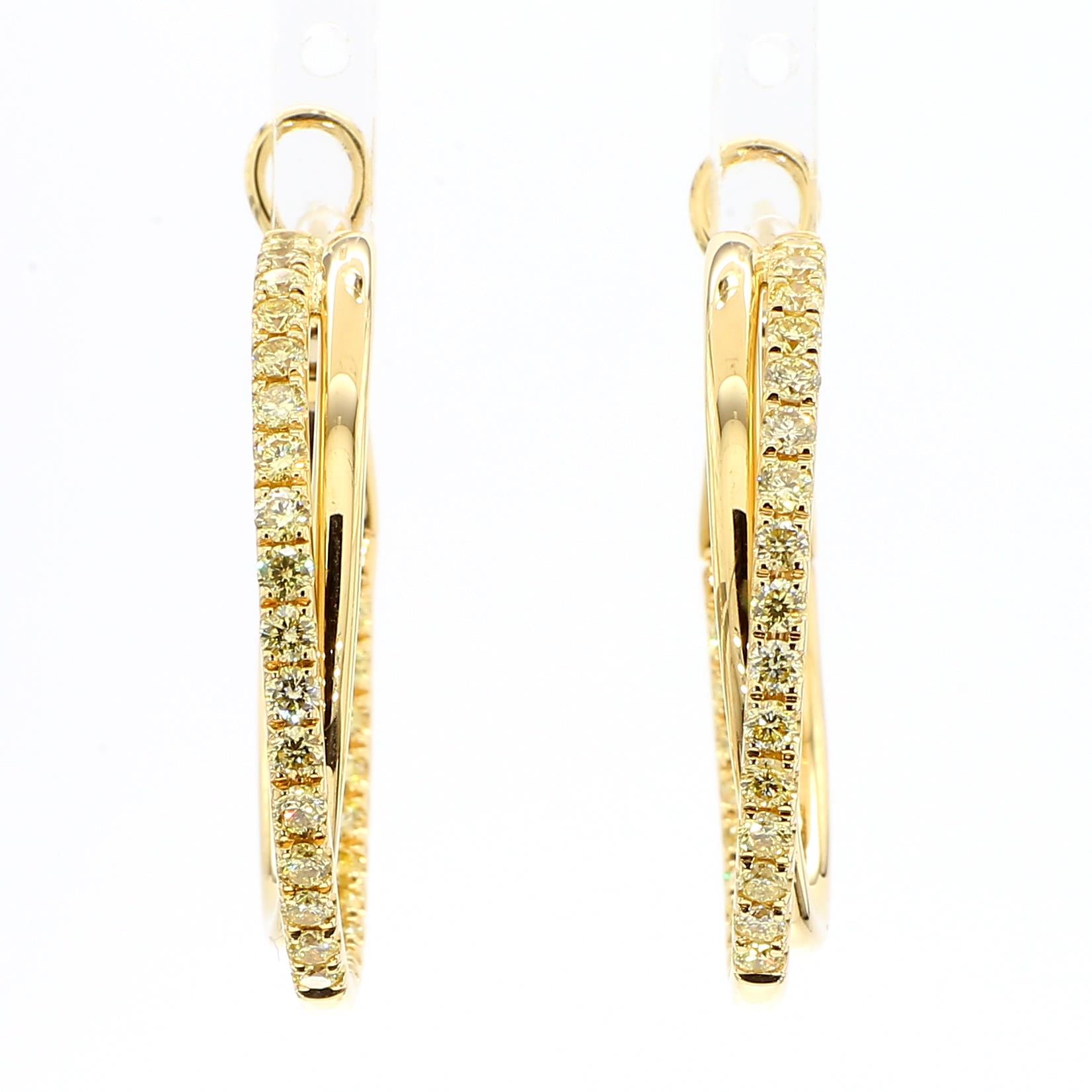 Natural Yellow Round Diamond 1.44 Carat TW Yellow Gold Hoop Earrings