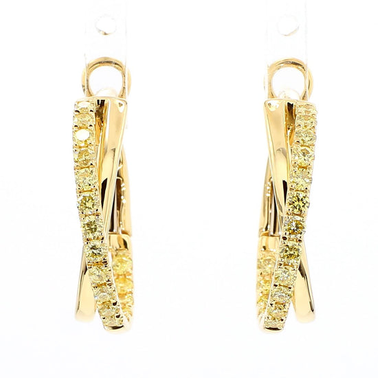 Natural Yellow Round Diamond .96 Carat TW Yellow Gold Hoop Earrings