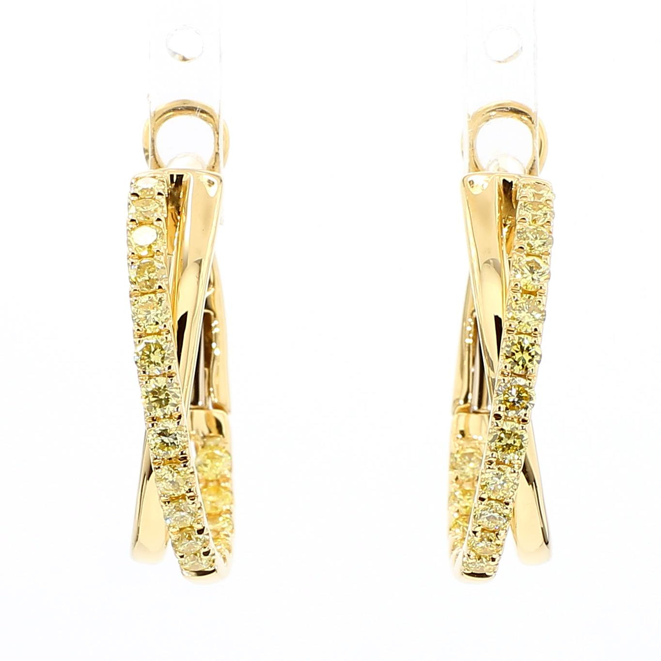 Natural Yellow Round Diamond .96 Carat TW Yellow Gold Hoop Earrings