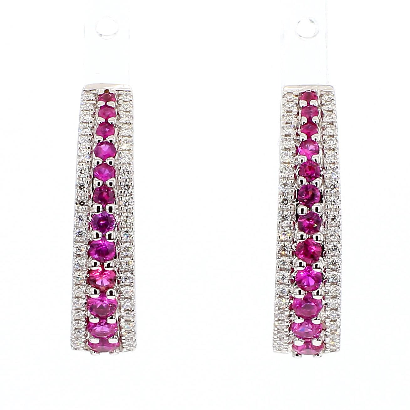 Natural Red Round Ruby and White Diamond 1.26 Carat TW White Gold Hoop Earrings