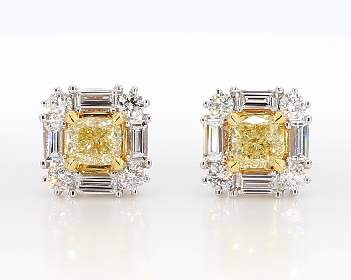 Natural Yellow Cushion Diamond 1.64 Carat TW Gold Stud Earrings