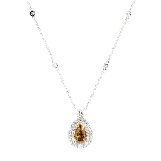 GIA Natural Fancy Deep Brownish Yellow Pear Diamond 3.27 Carat TW Gold Necklace