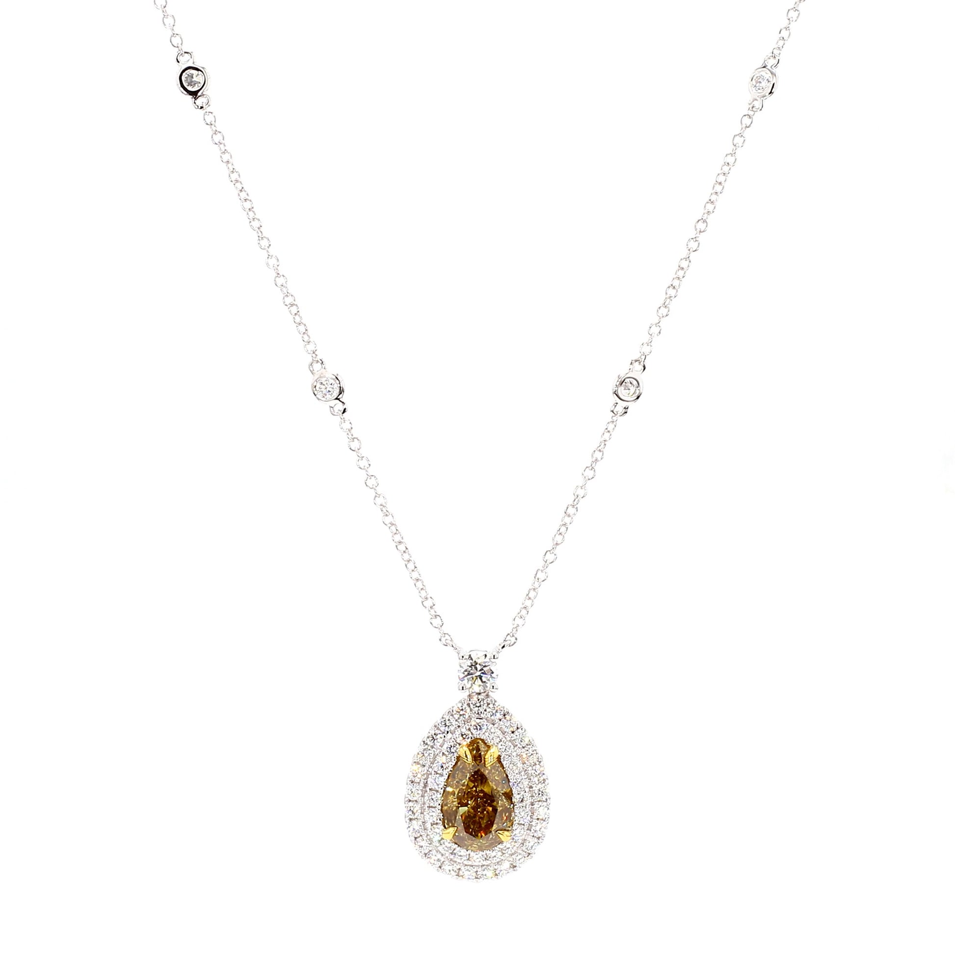 GIA Natural Fancy Deep Brownish Yellow Pear Diamond 3.27 Carat TW Gold Necklace