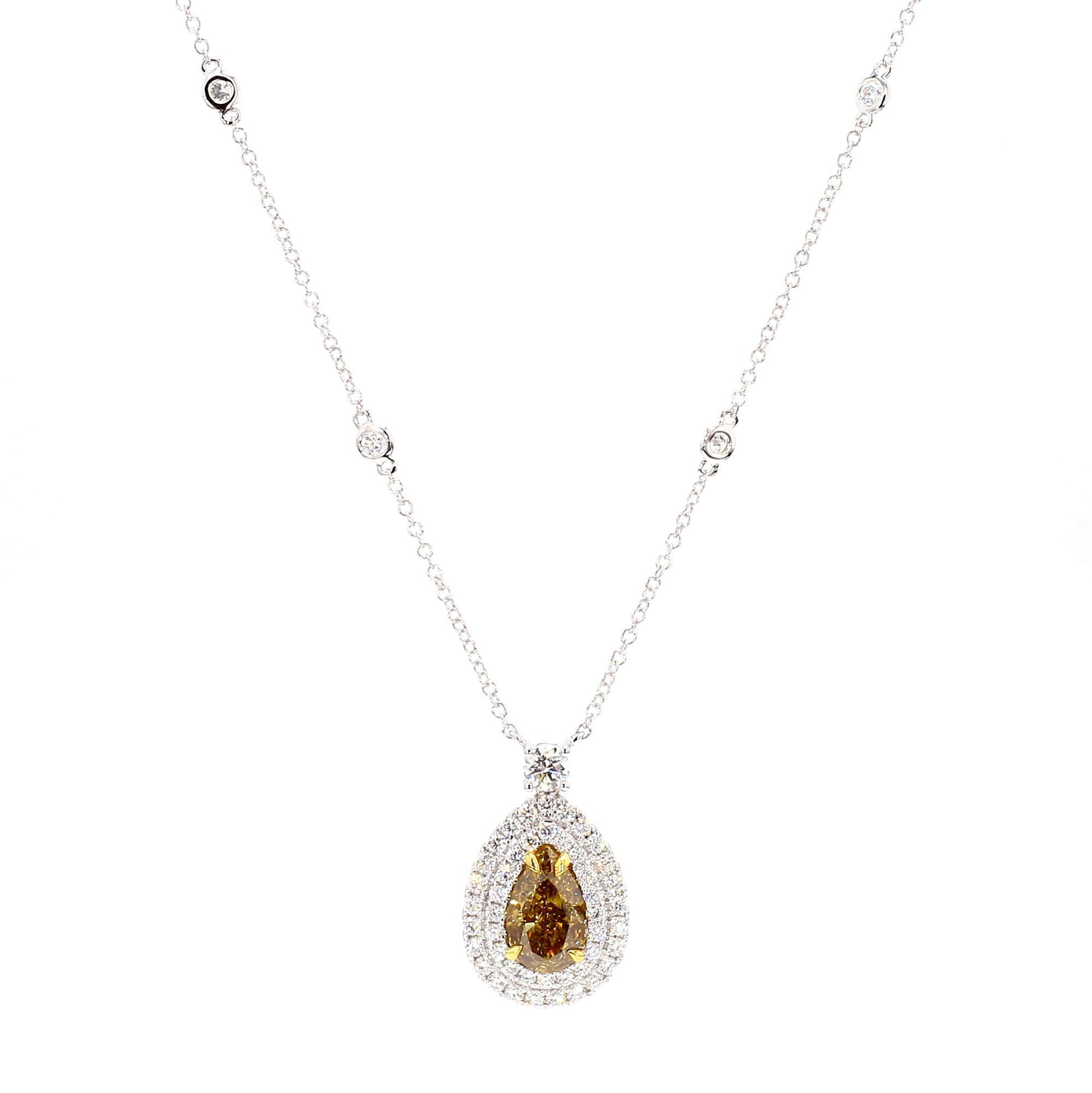 GIA Natural Fancy Deep Brownish Yellow Pear Diamond 3.27 Carat TW Gold Necklace