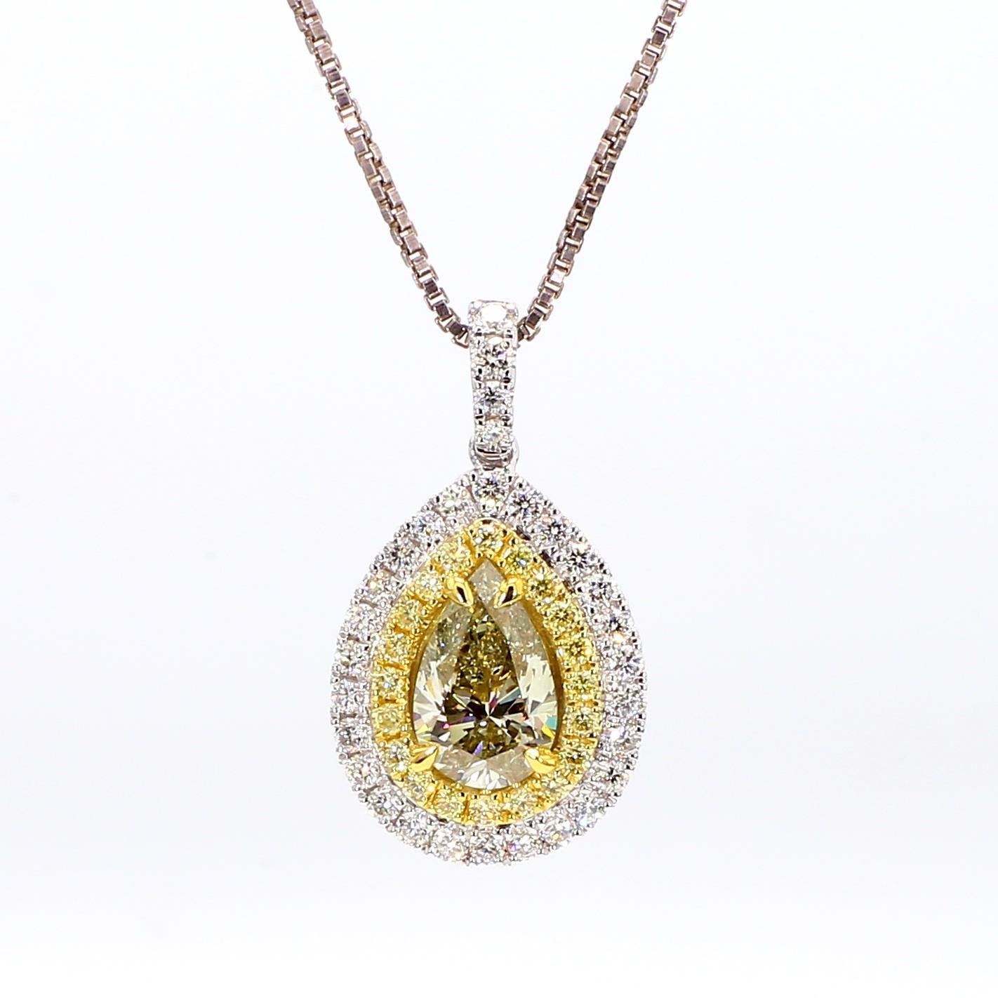 GIA Certified Natural Yellow Pear Diamond 1.44 Carat TW Gold Drop Pendant