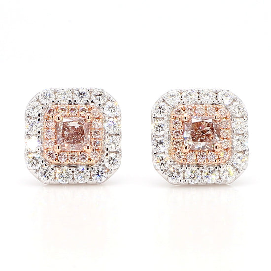 GIA Natural Fancy Light Pinkish Brown Radiant Diamond 1.45 Carat Gold Earrings