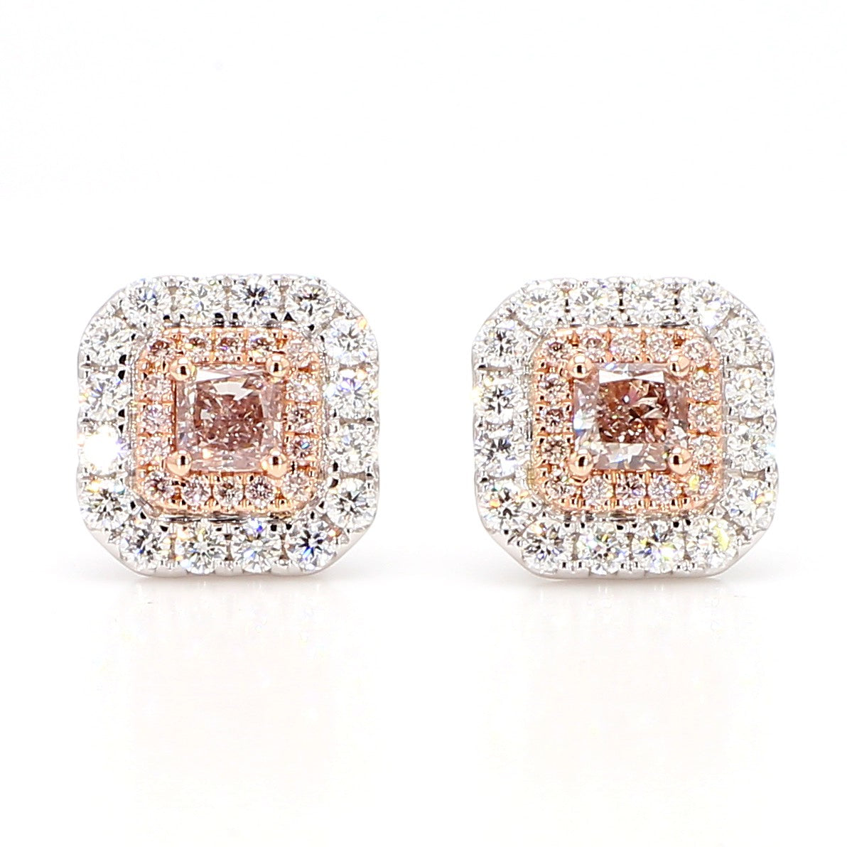 GIA Natural Fancy Light Pinkish Brown Radiant Diamond 1.45 Carat Gold Earrings