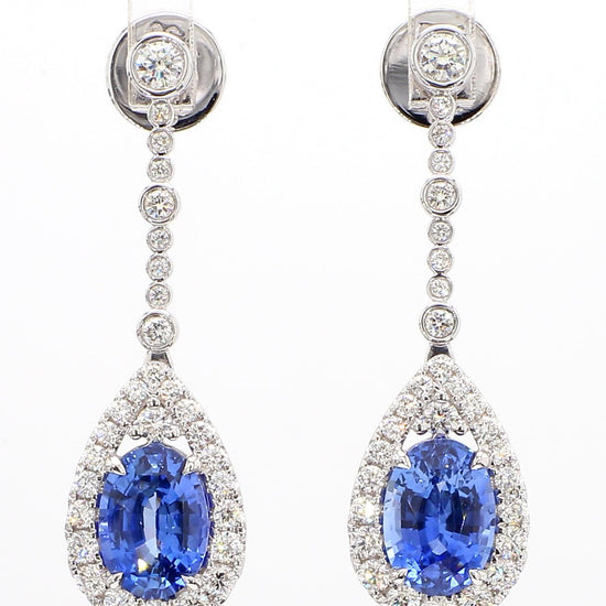 Natural Blue Oval Sapphire and White Diamond 5.20 Carat TW Gold Drop Earrings