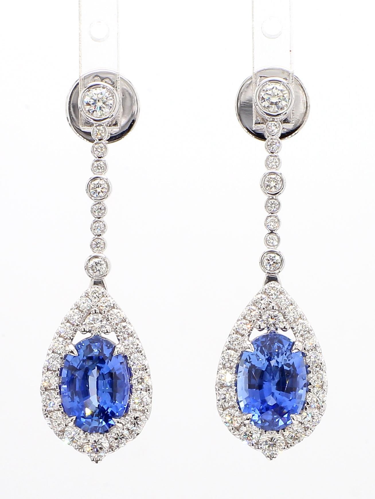 Natural Blue Oval Sapphire and White Diamond 5.20 Carat TW Gold Drop Earrings