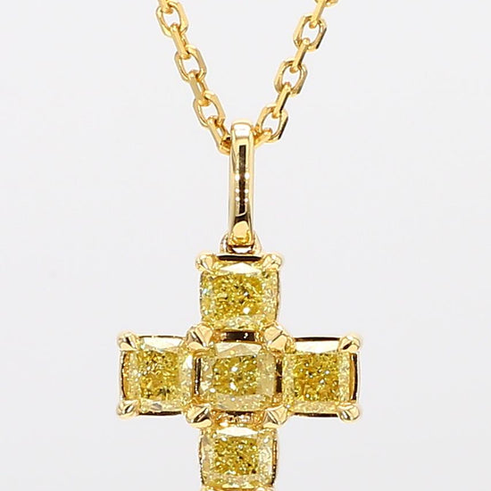 Natural Yellow Cushion Diamond 1.30 Carat TW Yellow Gold Cross Pendant
