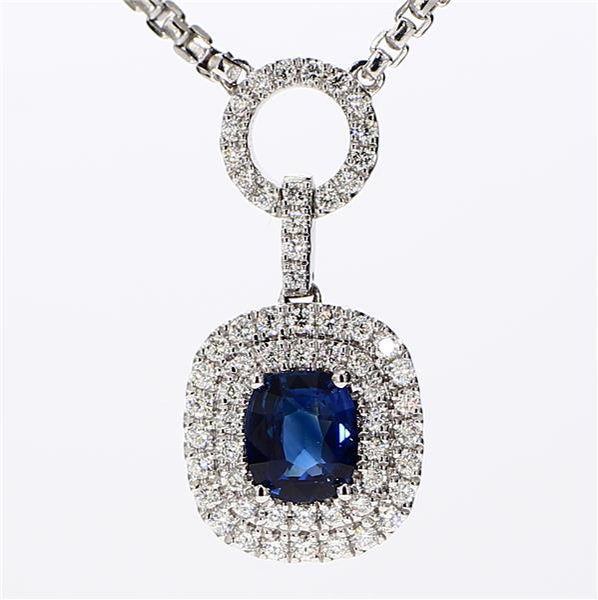 Natural Blue Cushion Sapphire and Diamond 1.65 Carat TW Gold Necklace