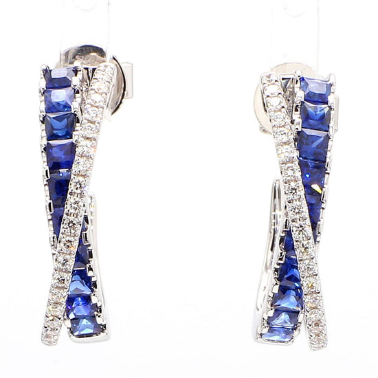 Natural Blue Princess Sapphire and Diamond 1.64 Carat TW Gold Hoop Earrings