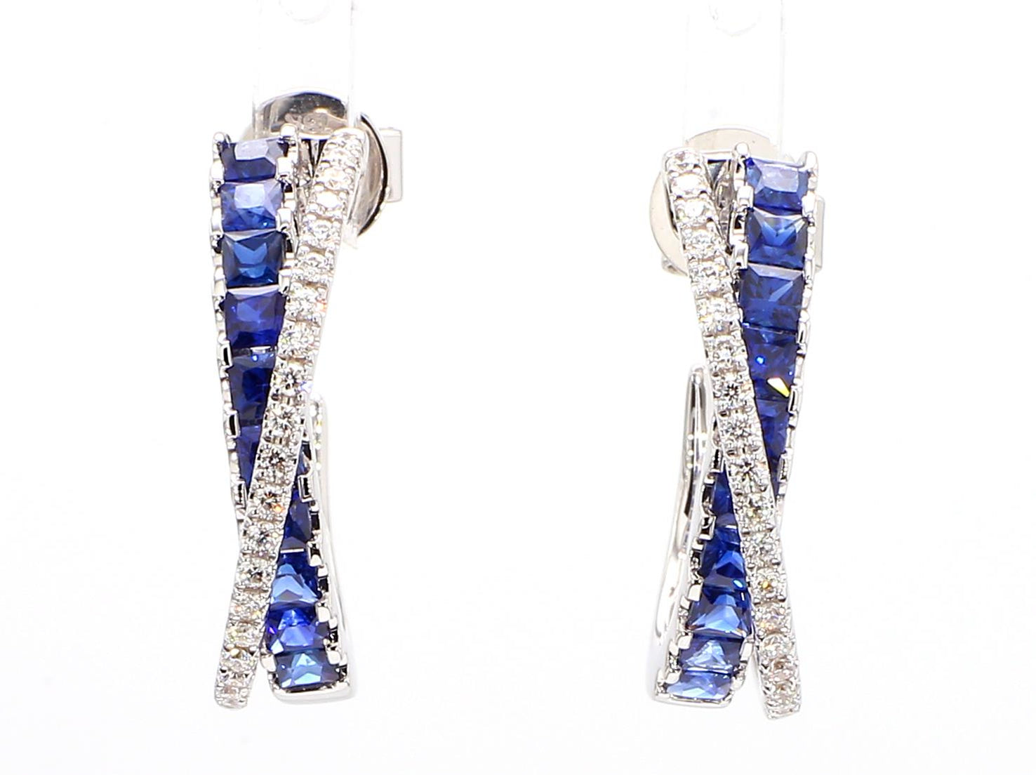Natural Blue Princess Sapphire and Diamond 1.64 Carat TW Gold Hoop Earrings