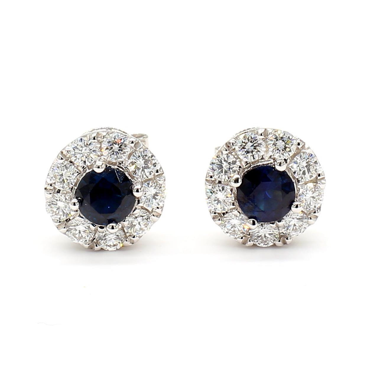 Natural Blue Round Sapphire and Diamond 1.36 Carat TW Gold Stud Earrings