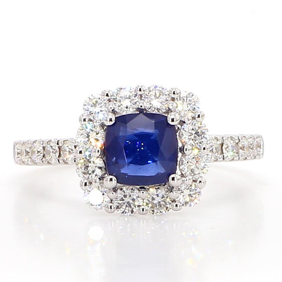 Natural Blue Cushion Sapphire and White Diamond 1.86 Carat TW Gold Cocktail Ring