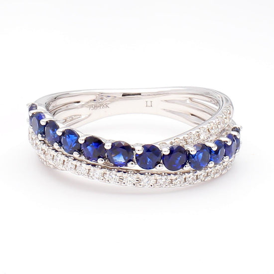 Natural Blue Round Sapphire and White Diamond 0.93 Carat TW Gold Cocktail Band
