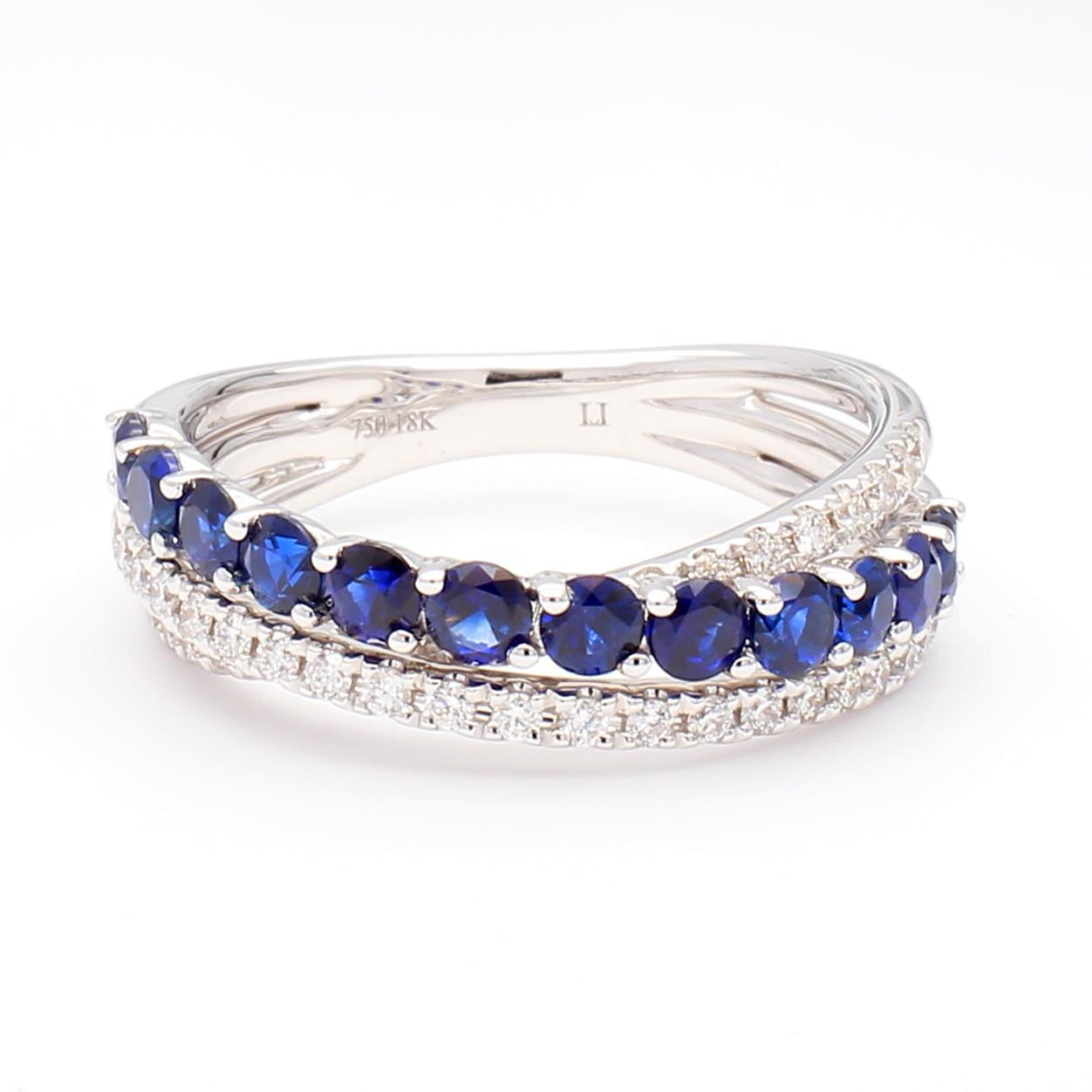 Natural Blue Round Sapphire and White Diamond 0.93 Carat TW Gold Cocktail Band