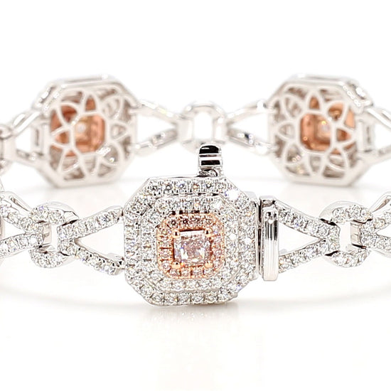 GIA Certified Fancy Pink Radiant Diamond 4.59 Carat TW Gold Tennis Bracelet