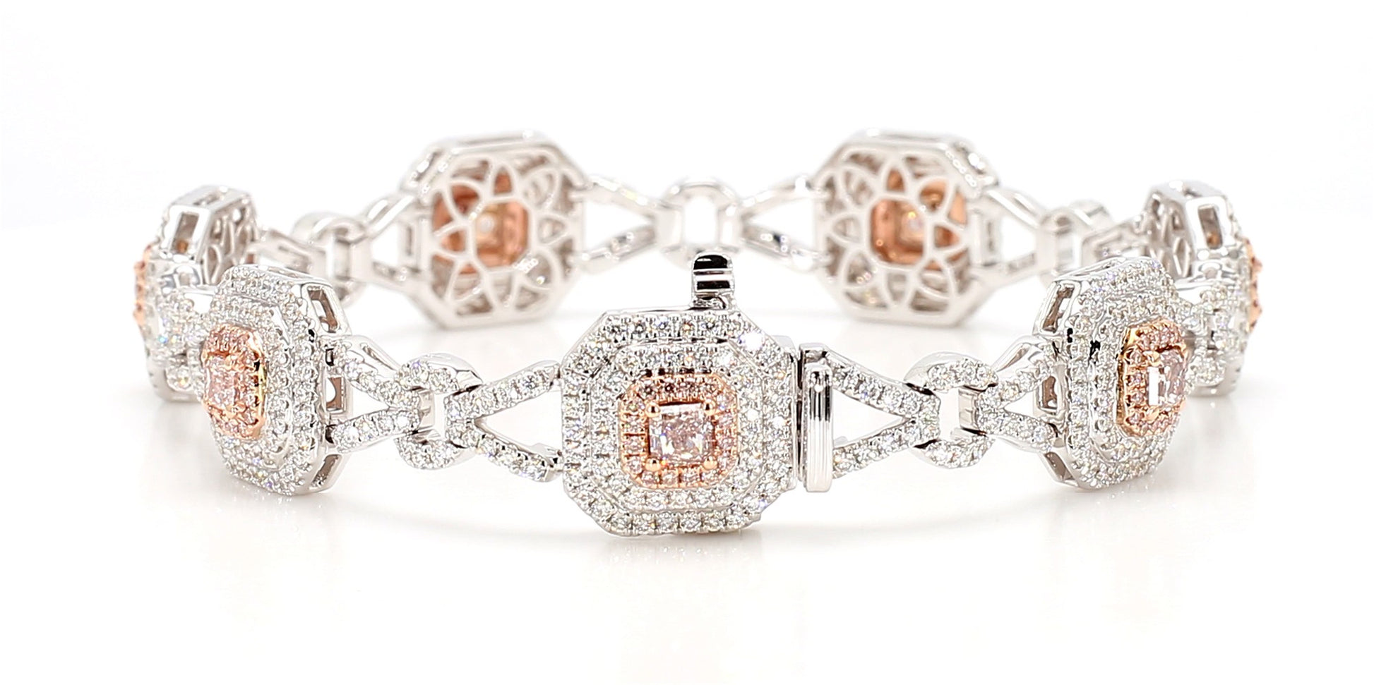 GIA Certified Fancy Pink Radiant Diamond 4.59 Carat TW Gold Tennis Bracelet